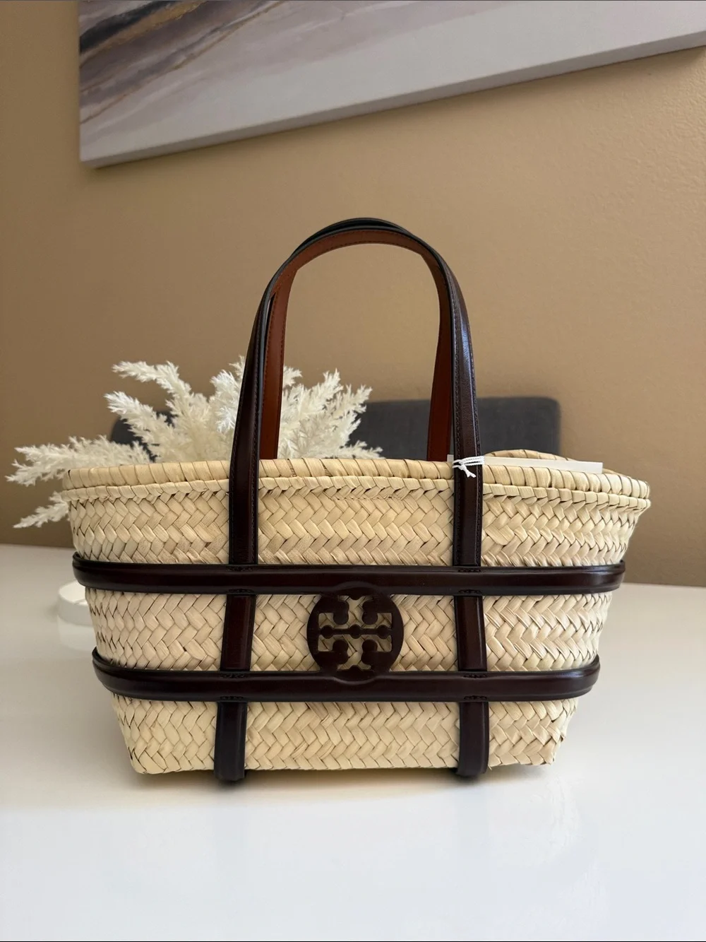 NWT , TORY BURCH ELLA STRAW SMALL BASKET SHOULDER BAG CLASSIC CUOIO
